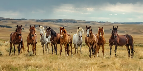 Horse Herd in a field during a sunny spring day. 
