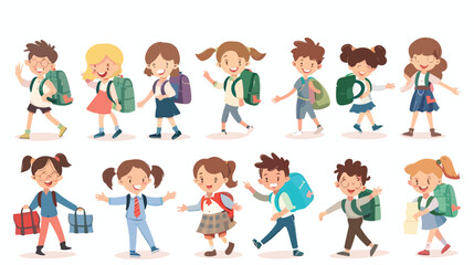 Happy cute school children kids collection set. Vector