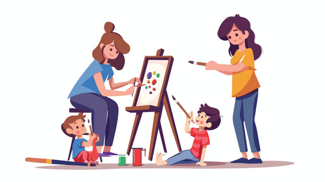 Happy family. Mother and kids together paint. Adult 