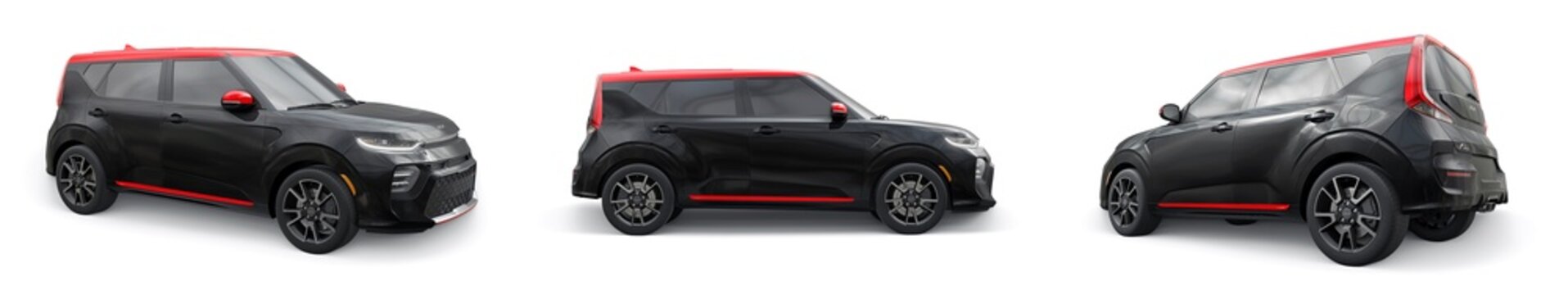 Dallas, USA. December 15, 2022. Set black Kia Soul GT-Line 2020 with a red roof and mirrors on a white background. Compact hatchback SUV with ultra modern youth design. 3d rendering.