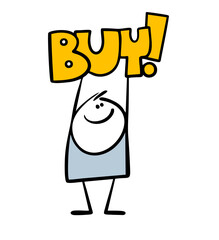 Stickman draws attention to the sale, encourages purchases in the store. Vector illustration of a boy holding a message and a call above his head. Funny advertisement. Isolated cartoon character.
