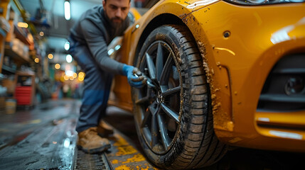 Mechanic changing a tire on a car. Ensure the image clearly shows the process of removing or installing a tire, with visible tools and safety precautions