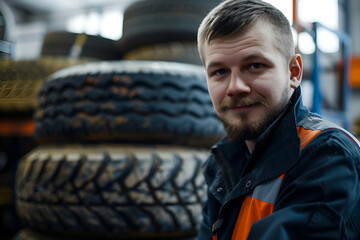 Portrait of professional mechanic and new car tyre at auto repair shop. Technician man at auto repair service center. Changing tire shop. Repair or maintenance auto service