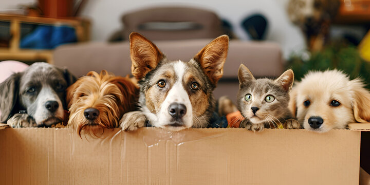 Adorable kitten and puppy in a cardboard box cute pet friends perfect for family food shelves in a pet store a cat and dog are watching Puppy and two kittens in a box