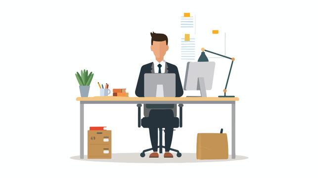 Business man on the table in office. Flat style vector