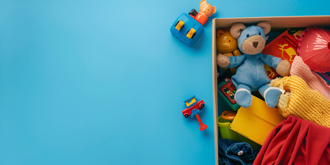 top view of donation box with clothing children toys on blue background Kids Toys Banner mockup Donation Concept