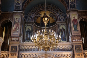 Chandelier-interior view of the Holy Metropolitan Church of the Annunciation in Athens Greece