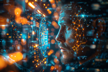 A man is engaged with a complex holographic interface, showcasing a mesh of digital connections, hinting at advanced computing or virtual reality.