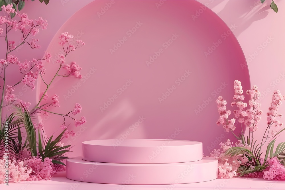 Poster pink podium platform d studio presentation stage with simple pedestal scene and pastel color backgro