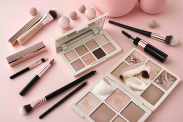 An elegant display of makeup products with a soft pastel background, featuring eyeshadow palettes and brushes, showcasing the variety in the beauty industry