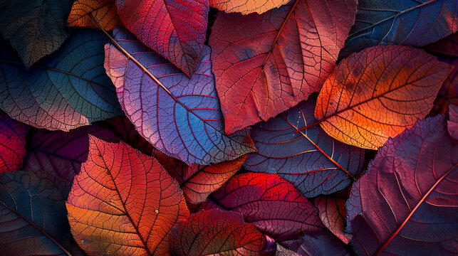A pile of colorful leaves in shades of red, orange, purple, and blue.

