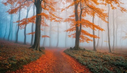 Beautiful mystical forest in blue fog in autumn. Colorful landscape with enchanted trees with orange and red leaves. Scenery with path in dreamy foggy forest. Fall Nature background