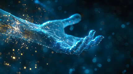 digital Illustration of a human hand on Dark blue technological environment, business, network, futuristic