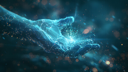 digital Illustration of a human hand on Dark blue technological environment, business, network, futuristic - obrazy, fototapety, plakaty