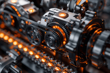 Detailed view of interconnected gears and machinery parts, illustrating industrial complexity and mechanical engineering..