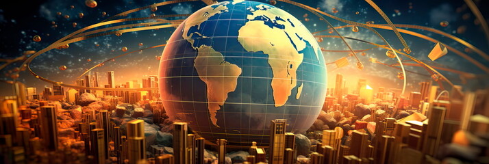 role of financial institutions in global trade, with stock market charts, currencies, and banking symbols conveying the monetary aspect of trade.