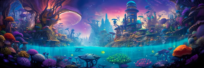 fantastical underwater city with dynamic of underwater life and structures, painted in vibrant and surreal colors.