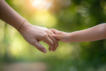Mother with her baby holding hands together in park on summer day - obrazy, fototapety, plakaty