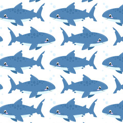 Shark in flat style. Pattern with cute sea ​​shark. Undersea world. Seamless pattern for textile, wrapping paper, background.