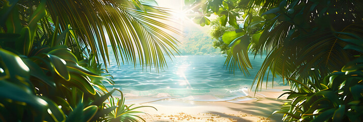 Sunny tropical beach with bright sunlight filtering through palm leaves, creating a serene and inviting vacation backdrop in vibrant colors - obrazy, fototapety, plakaty