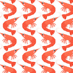 Shrimp in flat style. Pattern with cute sea shrimp. Undersea world. Seamless pattern for textile, wrapping paper, background.