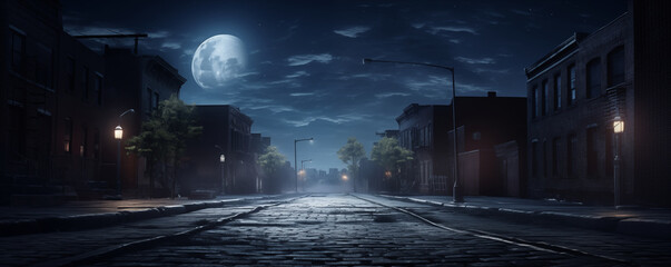 Empty urban street at night with lights, haunted city, panoramic view, generated ai