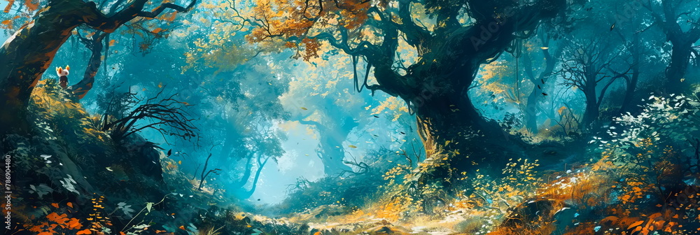 Wall mural enchanted watercolor forest with fairy-tale creatures, wise old trees, playful spirits.