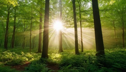 Obraz premium Beautiful rays of sunlight in a green forest