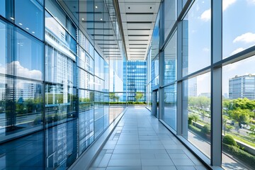 Panoramic Perspective of Sleek Glass Curtain Wall at Prominent Business Center - obrazy, fototapety, plakaty