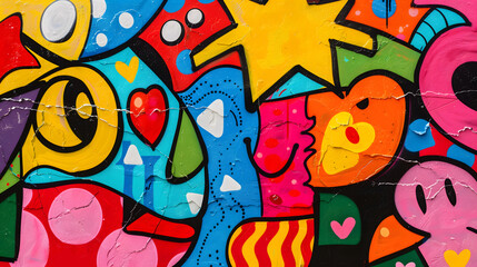 Bright pop art graffiti wall textured background wallpaper design. Vivid neon color palette. Urban street art print.