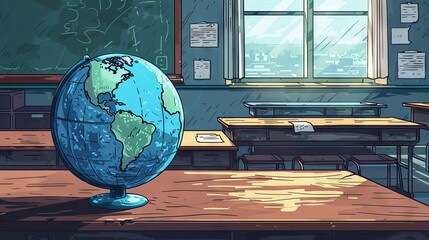 A classroom with a globe on the table and a chalkboard and window in the background