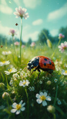 Fototapeta premium Image of beetles among flowers and grass, macro photo 23