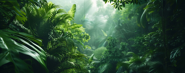 Dense jungle, wild forest with trees and tropical plants, green wilderness, adventure on...