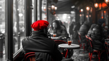 A black and white photography of a man in a red beret sits at a bustling cafe.