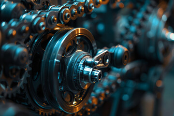 Detailed view of interconnected gears and machinery parts, illustrating industrial complexity and mechanical engineering..