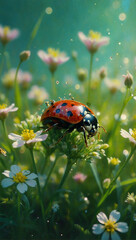 Image of beetles among flowers and grass, macro photo 21