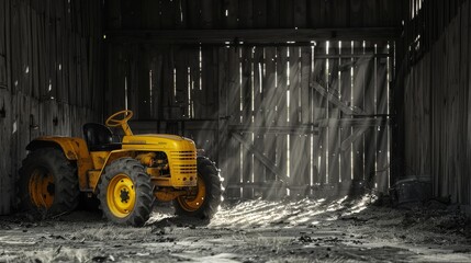 A black and white photography of a rustic barn scene with an old yellow tractor.