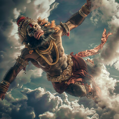 Hanuman, the Hindu deity, leaps across the sky with divine grace and power