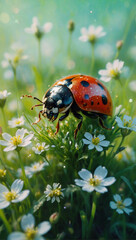Image of beetles among flowers and grass, macro photo 16
