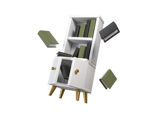 A white bookcase floating in the air. The concept of storing books, an online library, or a book fair. 3d rendering of furniture-themed illustrations