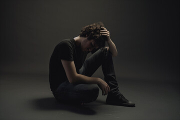 Despondent Man Sitting on the Floor Clutching His Head in Despair - 786905286