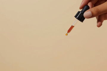 A close-up shot of a hand holding an eyedropper with transparent serum against a soft beige background. 