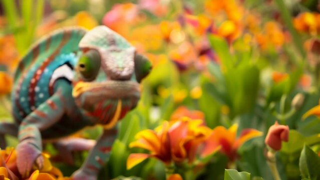 Amidst a colorful array of plants, a chameleon with vibrant blue and green patterns perches, blending into the surrounding leaves and flowers by altering its skin color. 