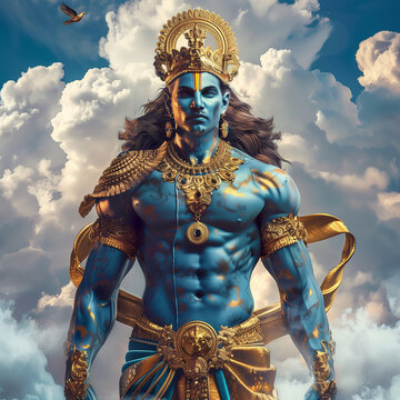 Vishnu, the Indian god, stands tall in the sky, exuding divine power and tranquility