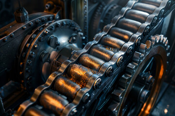 Detailed view of interconnected gears and machinery parts, illustrating industrial complexity and mechanical engineering..