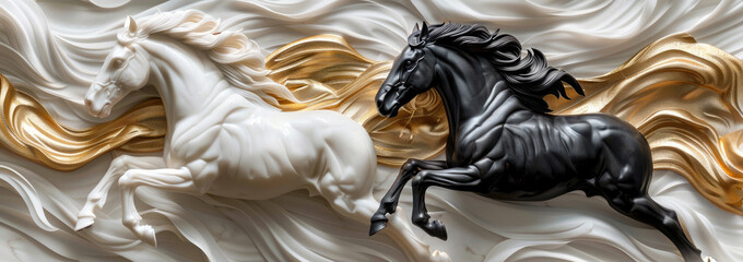 A white and black horse running in the air, closeup, with flowing gold silk around them, with a background wall hanging decoration - obrazy, fototapety, plakaty