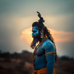 A man dressed as Shiva, the Hindu god, embodies the deity's iconic attire and presence