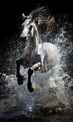 A majestic white horse runs gracefully through the water, creating a beautiful and powerful sight