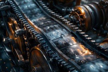 Detailed view of interconnected gears and machinery parts, illustrating industrial complexity and mechanical engineering..