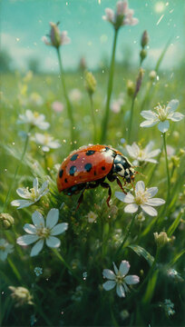 Image of beetles among flowers and grass, macro photo 6